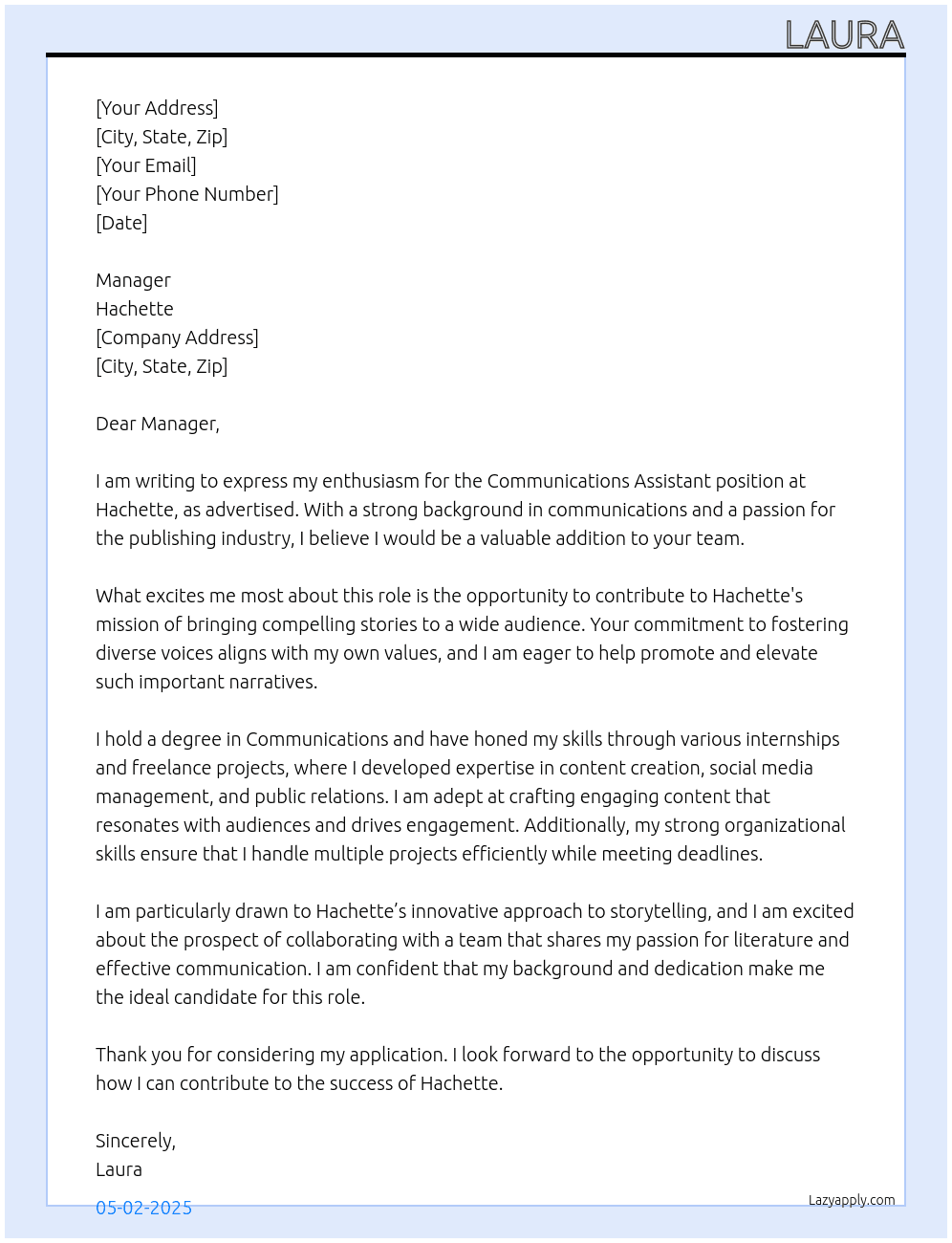 Communications Assistant At Hatchette Cover Letter