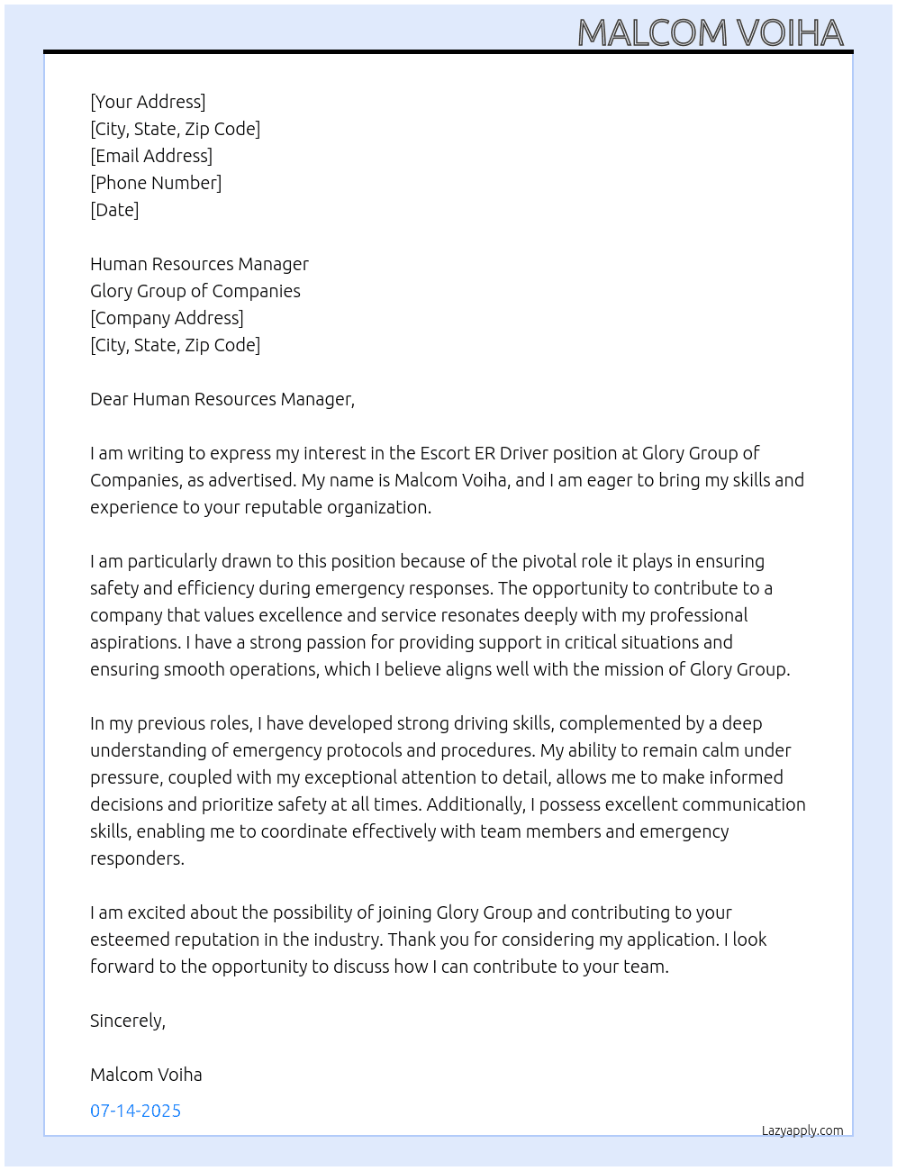 Escort ER driver At Glory group of companies  Cover Letter