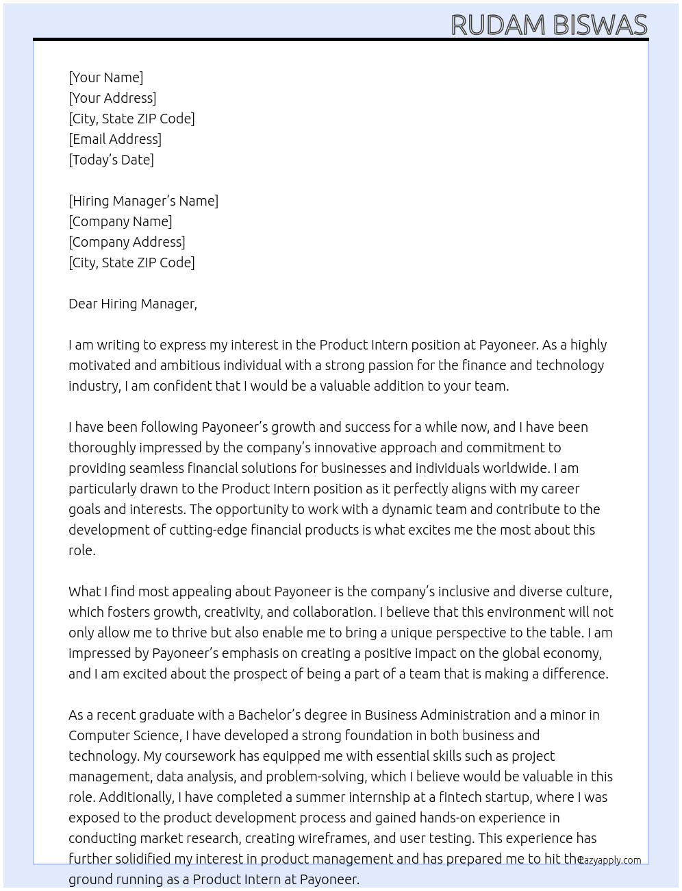 Cover letter for product intern - LazyApply