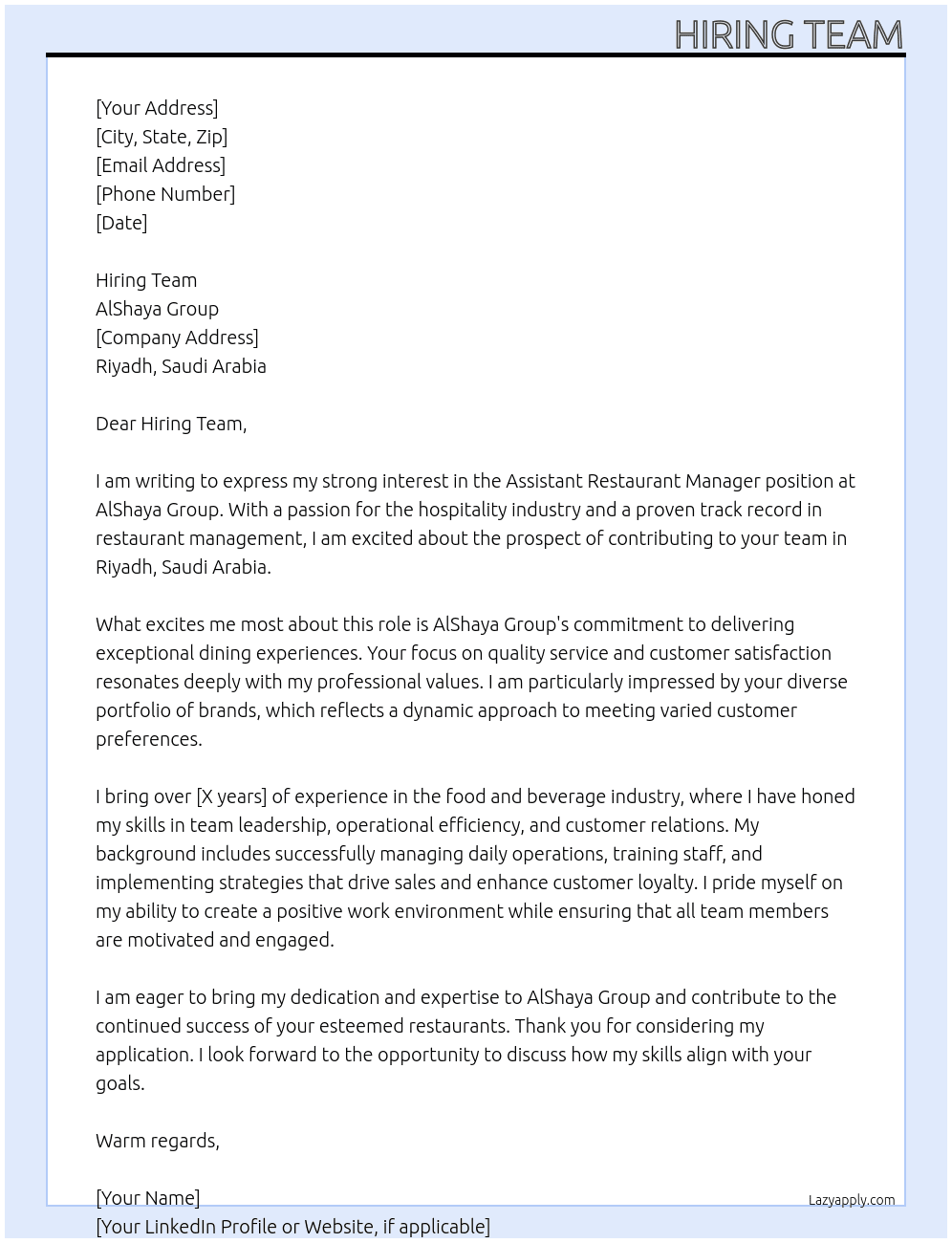 Assistant Restaurant Manager  At AlShaya Group Cover Letter