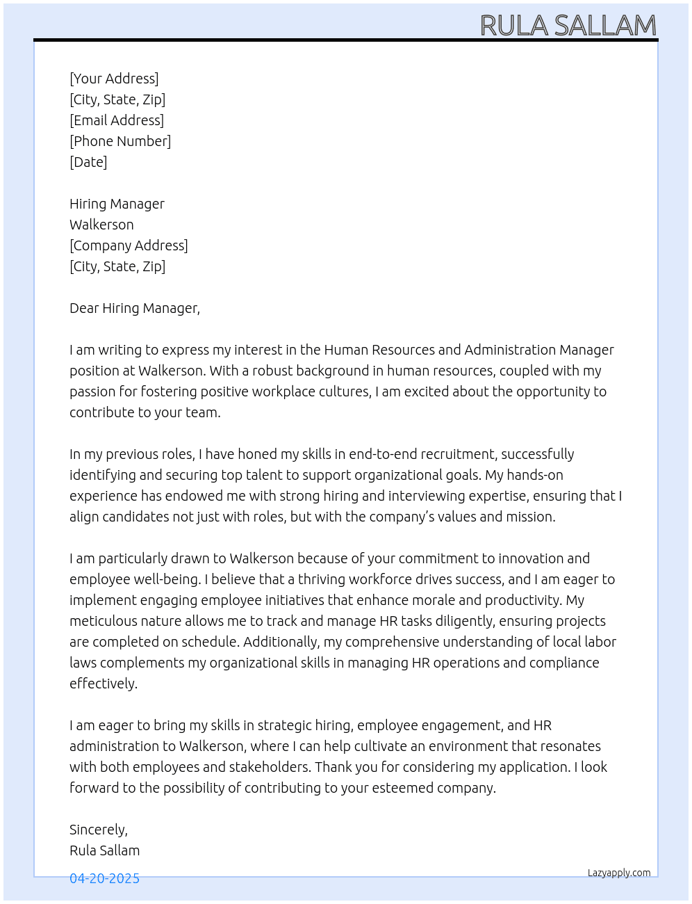 Human Resources and administration Manager At Walkerson  Cover Letter