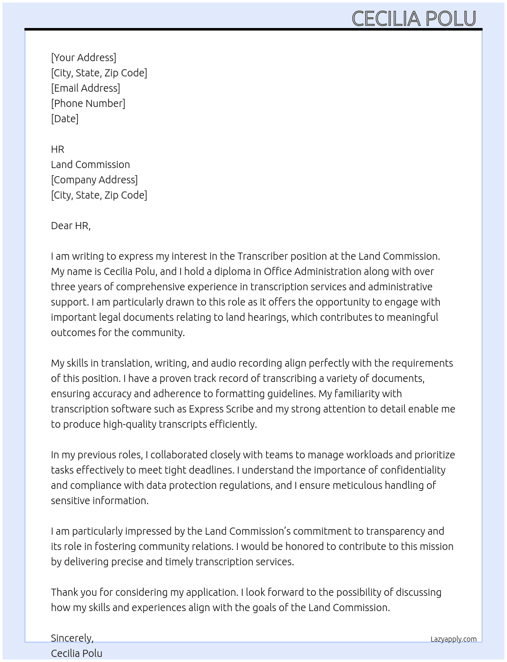 Transcriber  At Land Commission  Cover Letter