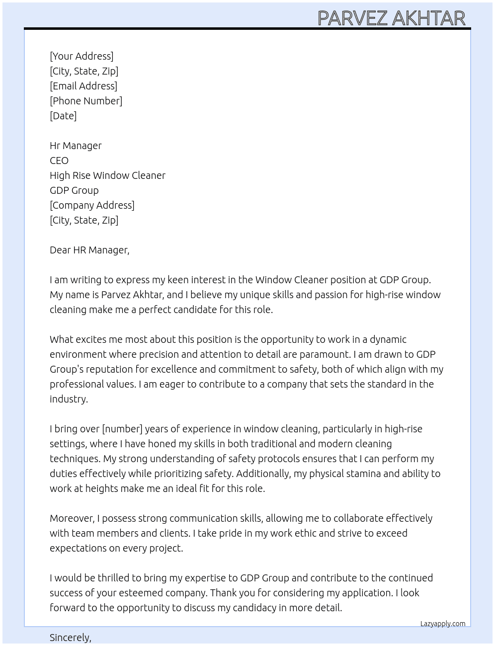 Window cleaner  At High Rise window cleaner GDP Group  Cover Letter