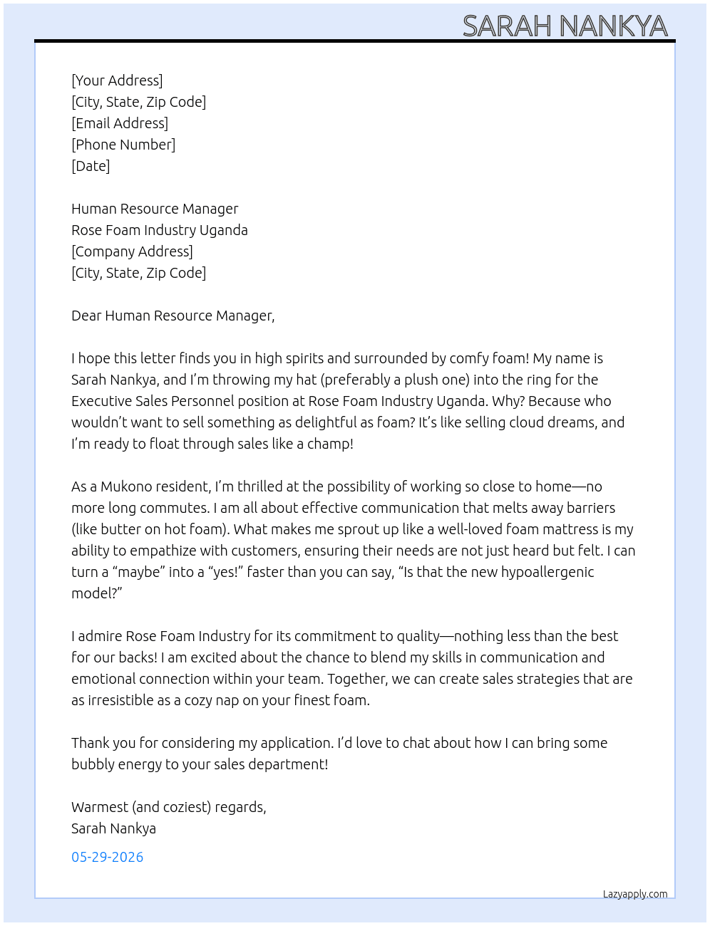 executive sales personal At rose foam industry uganda Cover Letter