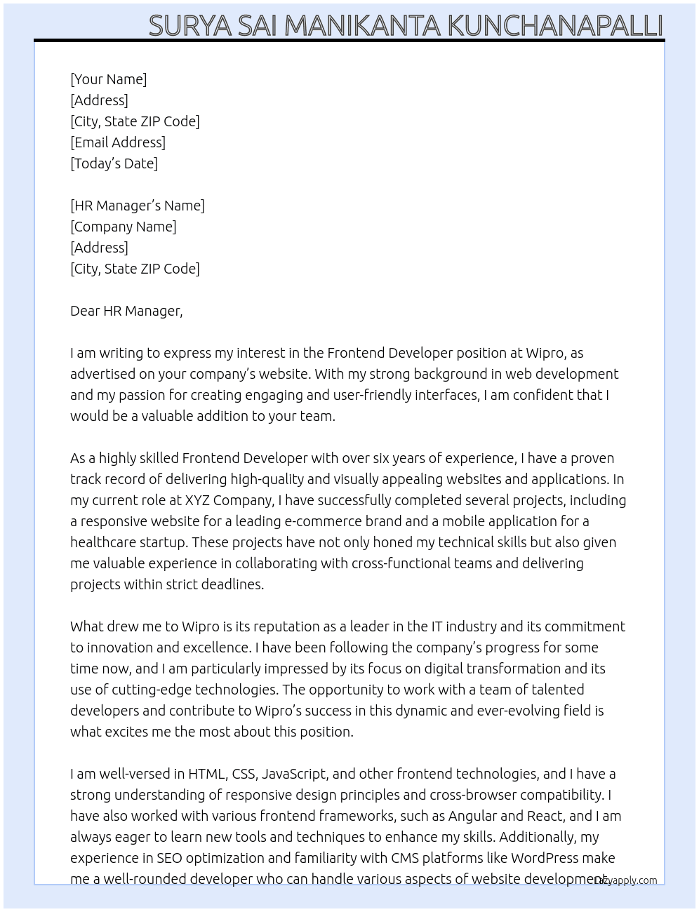 Frontend Developer At wipro Cover Letter