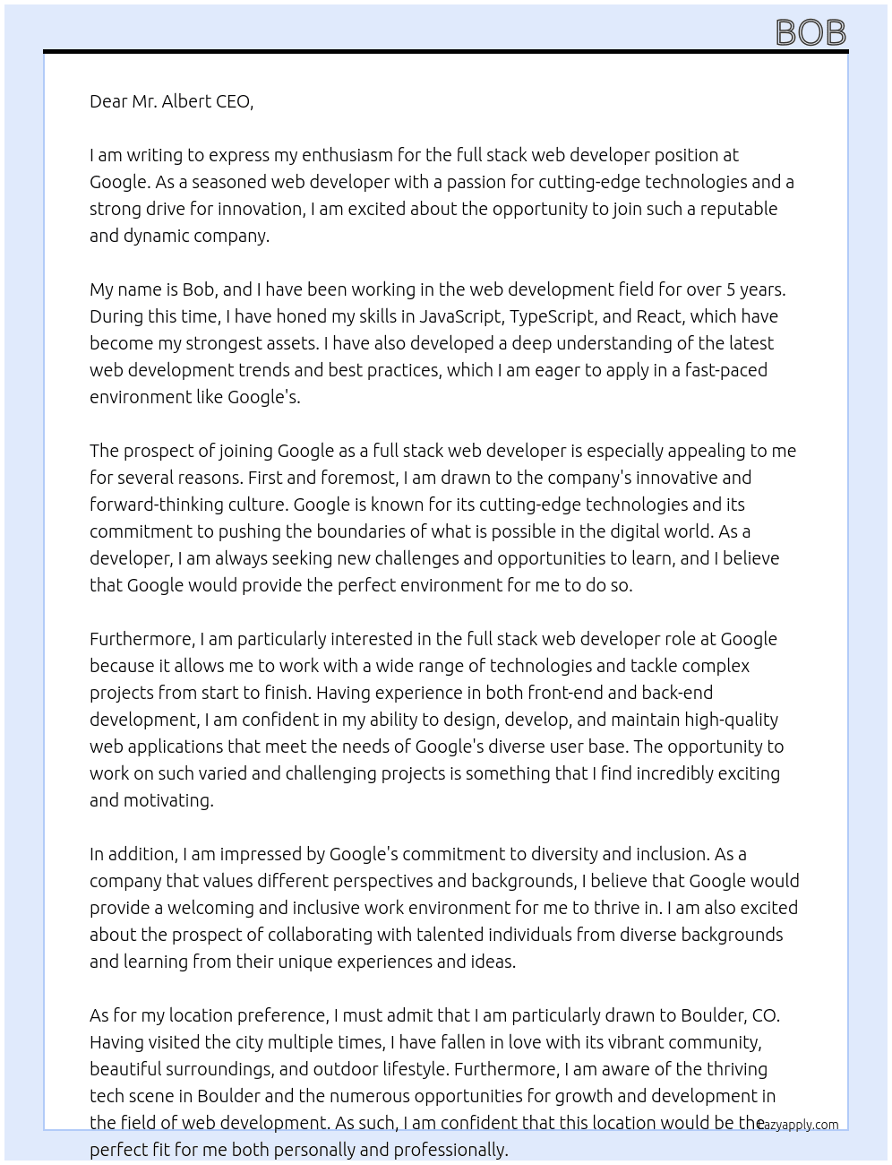full stack web developer At google Cover Letter