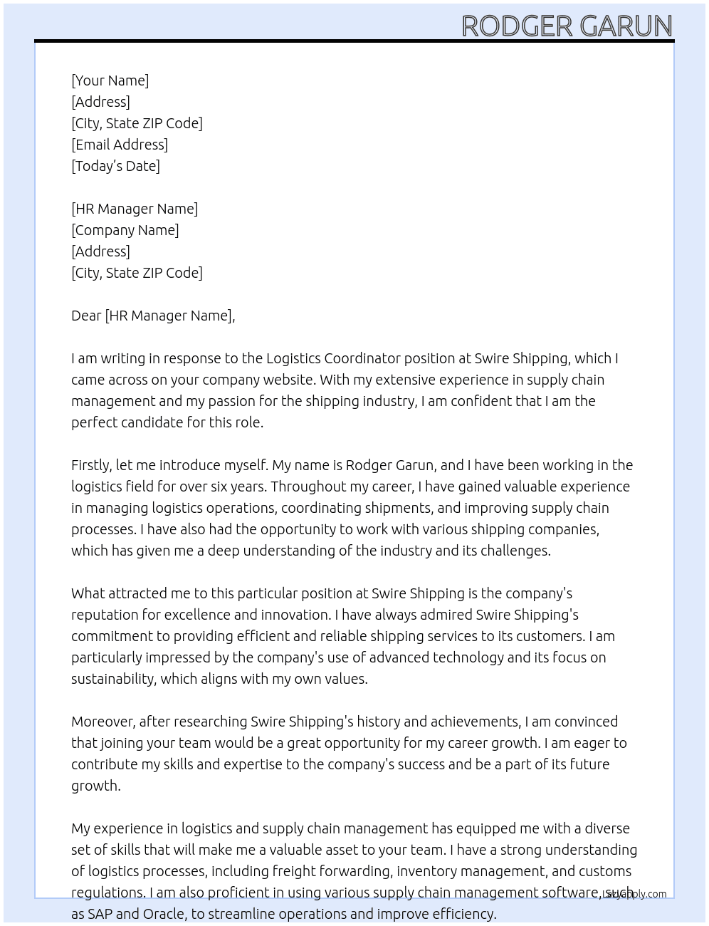 LOGISTICS COODINATOR At Swire Shipping Cover Letter