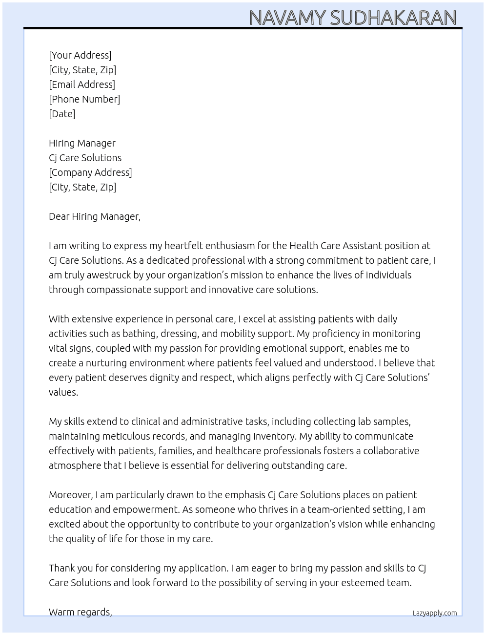 Health care assistant  At Cj care solutions  Cover Letter