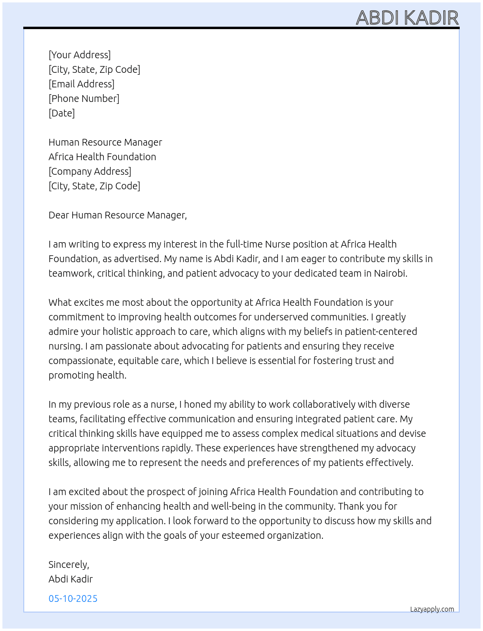 nurse At Africa Health Foundation Cover Letter
