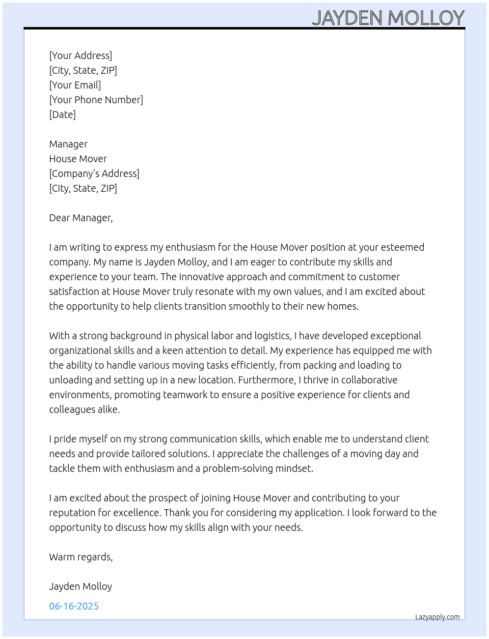 Cover letter for house mover - LazyApply