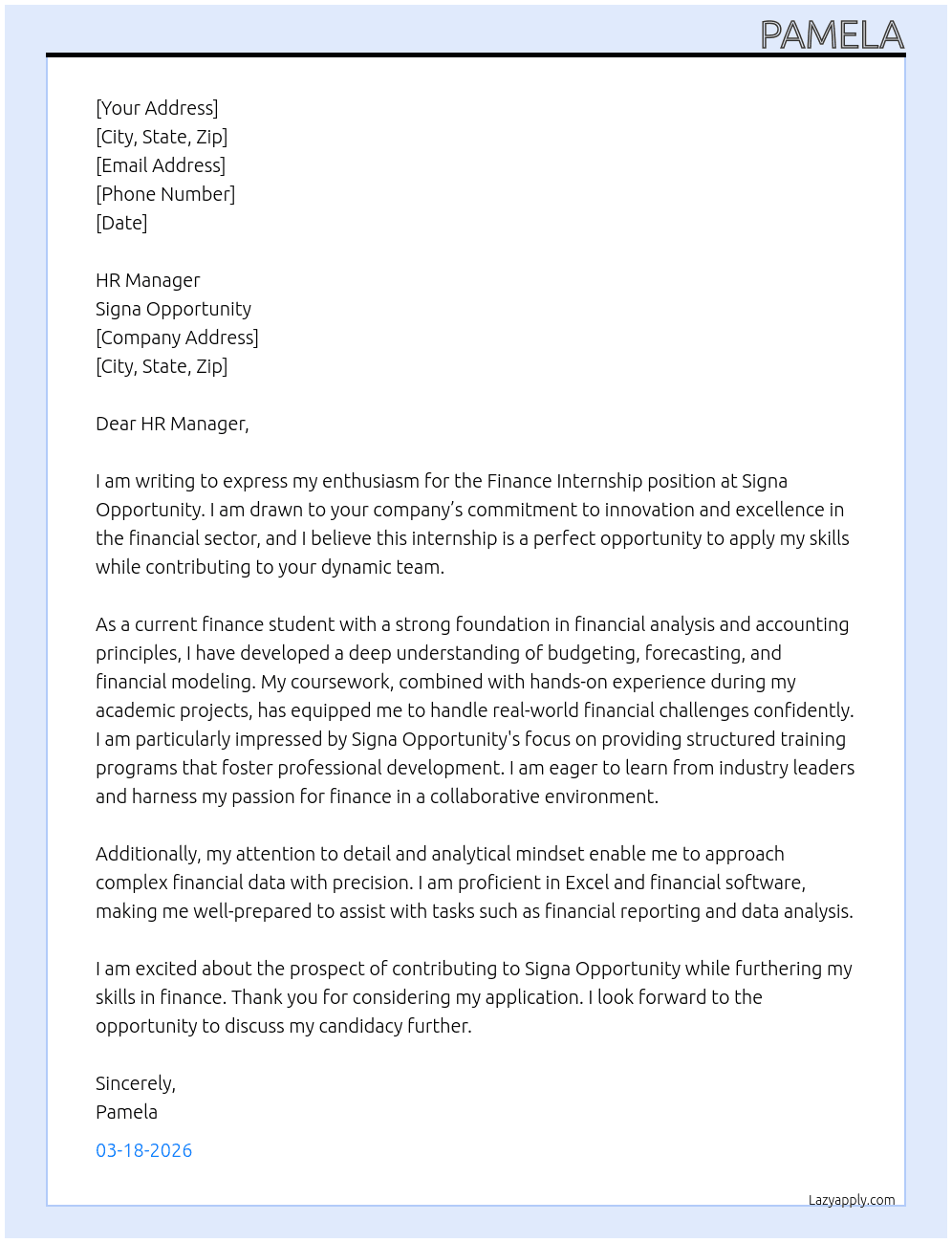 finance internship At signa opportunity Cover Letter