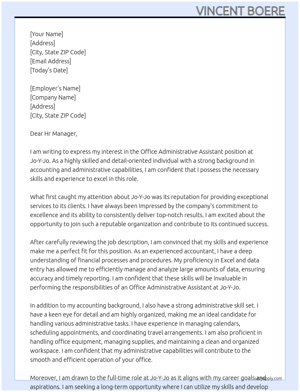 Office Administrative Assistant At Jo-Y-Jo Cover Letter