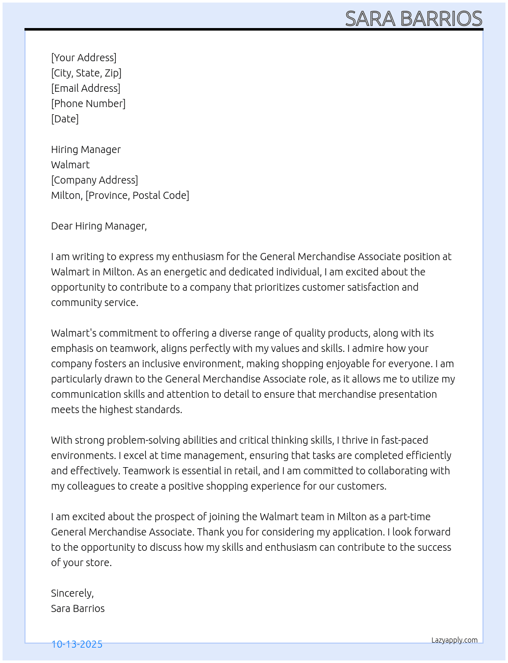 (CAN) General Merchandise Associate At Walmart Cover Letter
