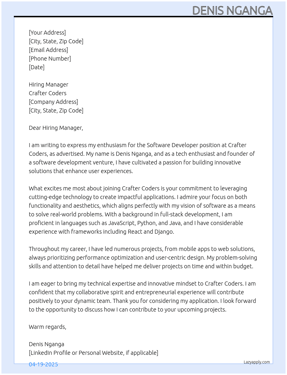 Software developer At Crafter coders Cover Letter