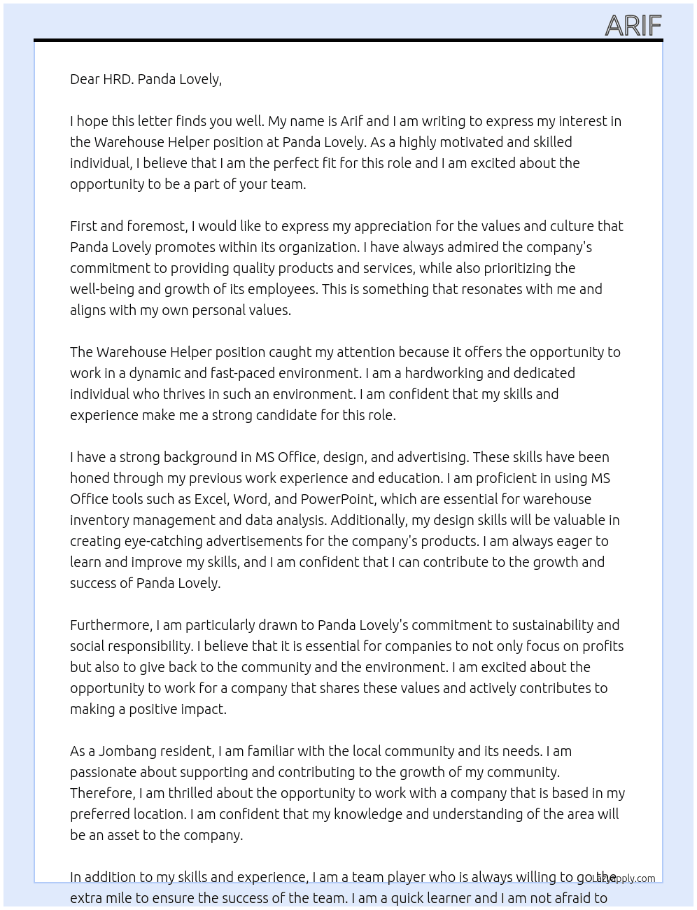 Warehouse Helper At Panda Lovely Cover Letter
