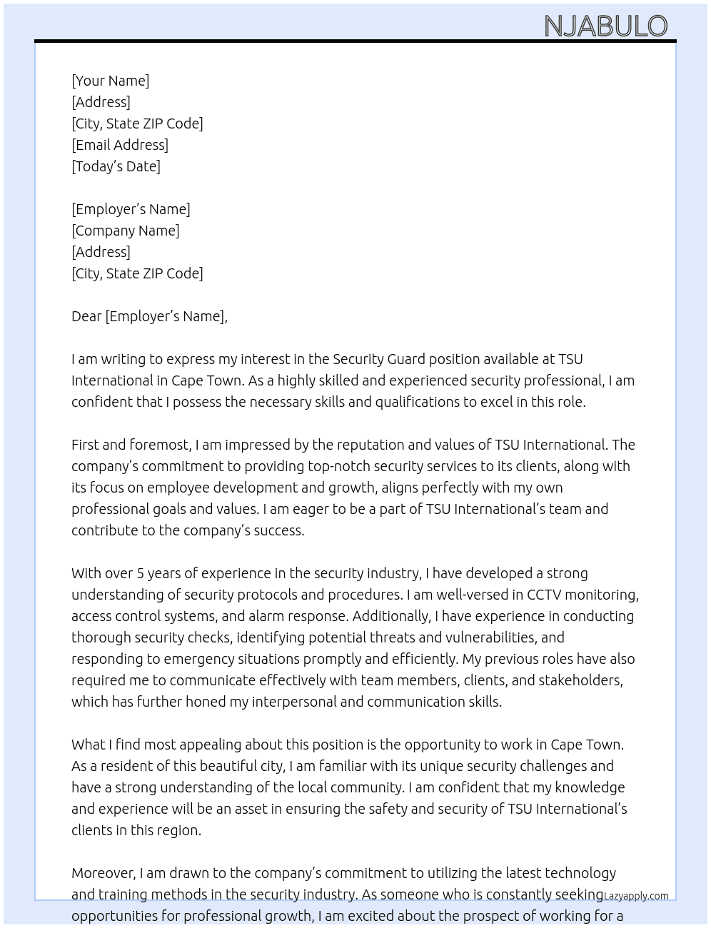 Security guard  At TSU international  Cover Letter