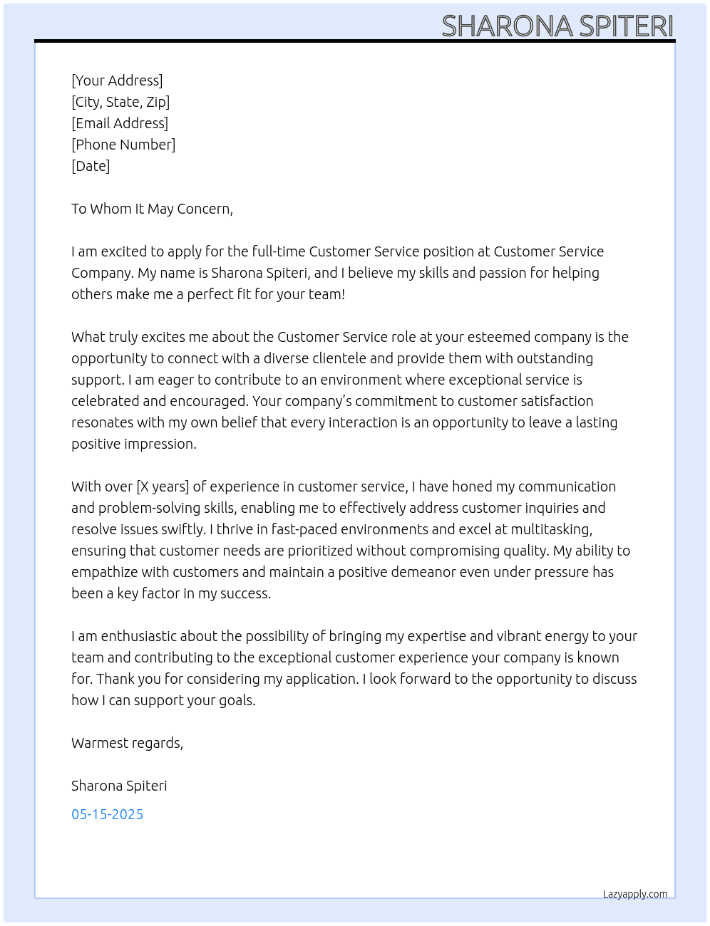 customer service  At customer service  Cover Letter
