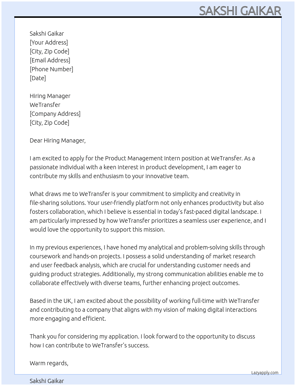 Product Management Intern At WeTransfer Cover Letter