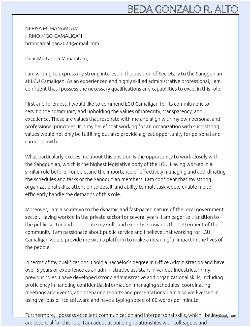 Secretary to the Sanggunian At LGU Camaligan Cover Letter