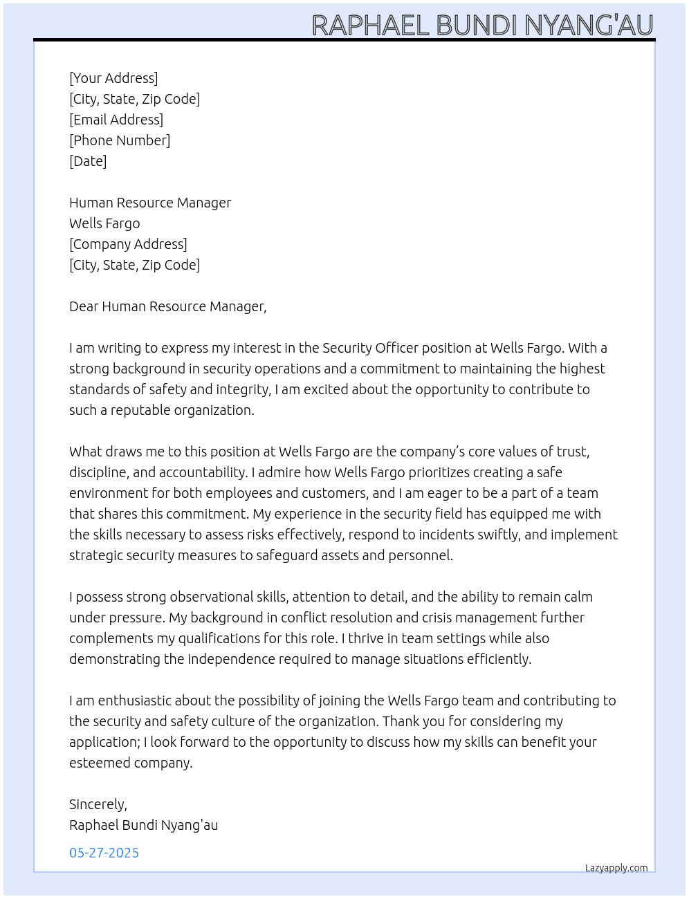 SECURITY OFFICER At WELLS FARGO Cover Letter