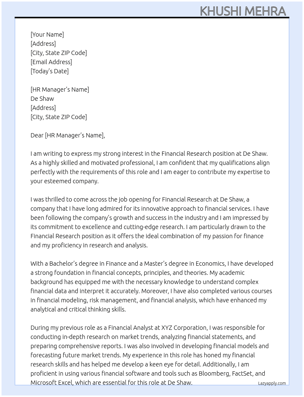 Cover letter for financial research - LazyApply
