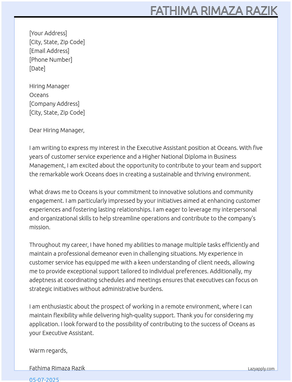 Executive assistant  At Oceans  Cover Letter