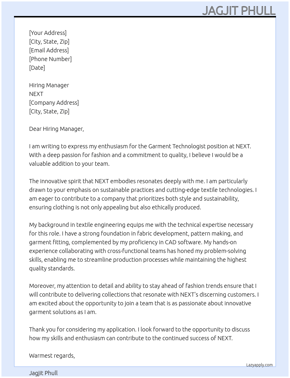 Cover letter for garment technologist - LazyApply