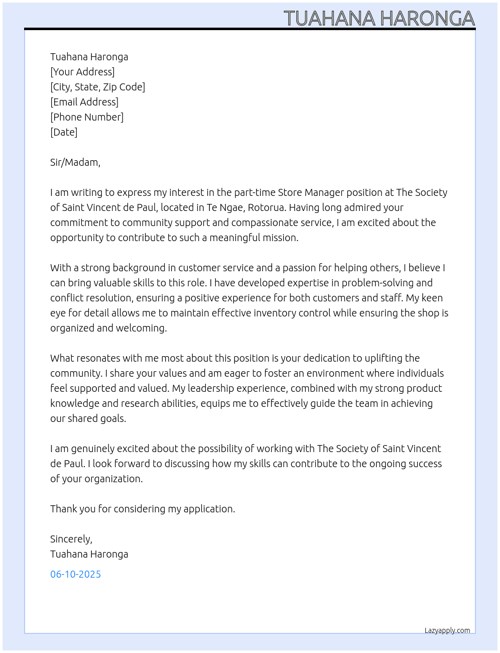 Store Manager At The Society of Saint Vincent e Paul Cover Letter