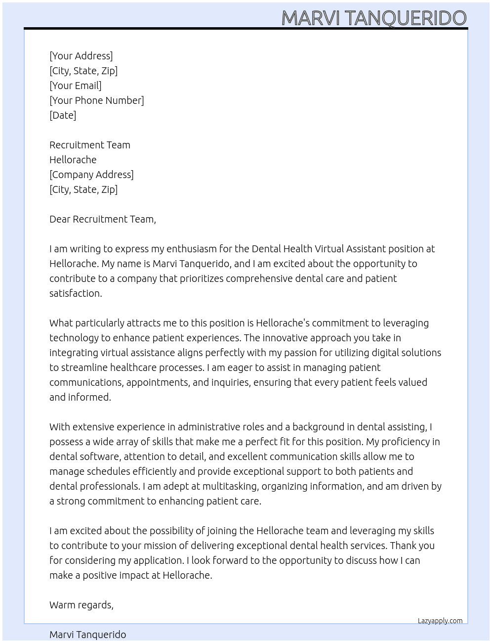 Dental Health Virtual Assisstant At Hellorache Cover Letter