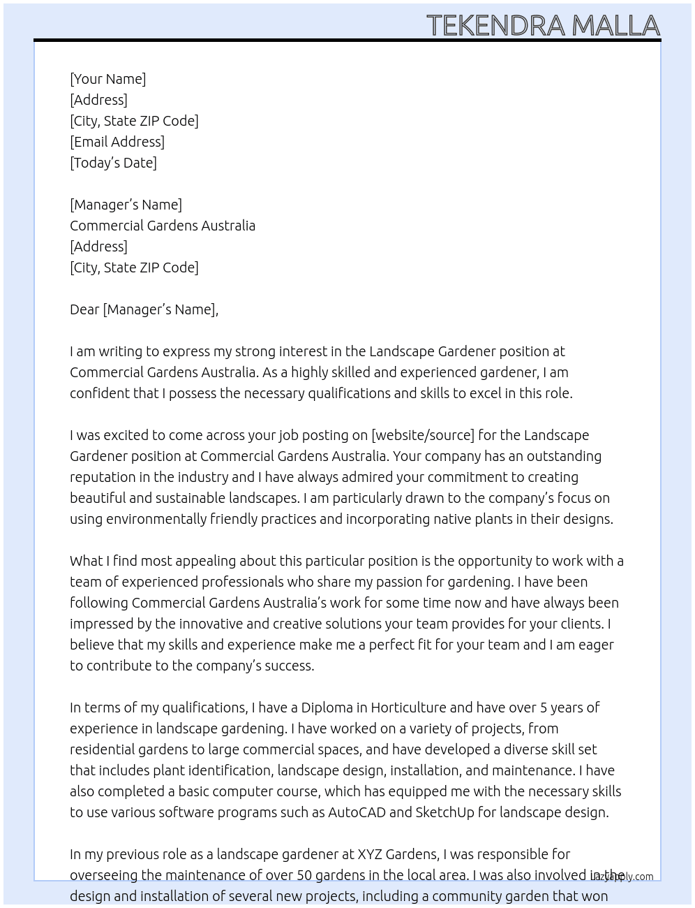 Landscape Gardener At Commercial Gardens Australia Cover Letter