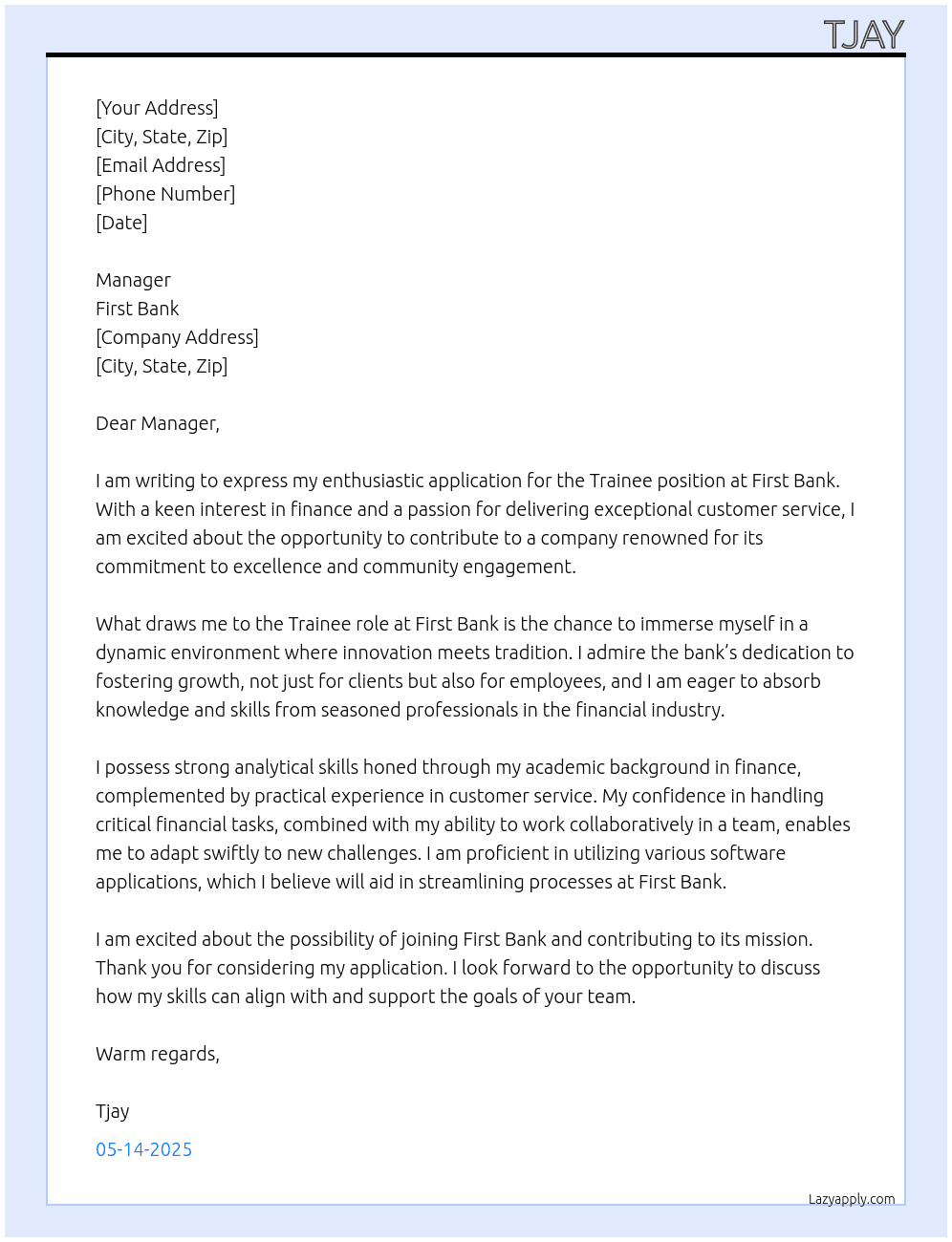 Trainee At First bank  Cover Letter