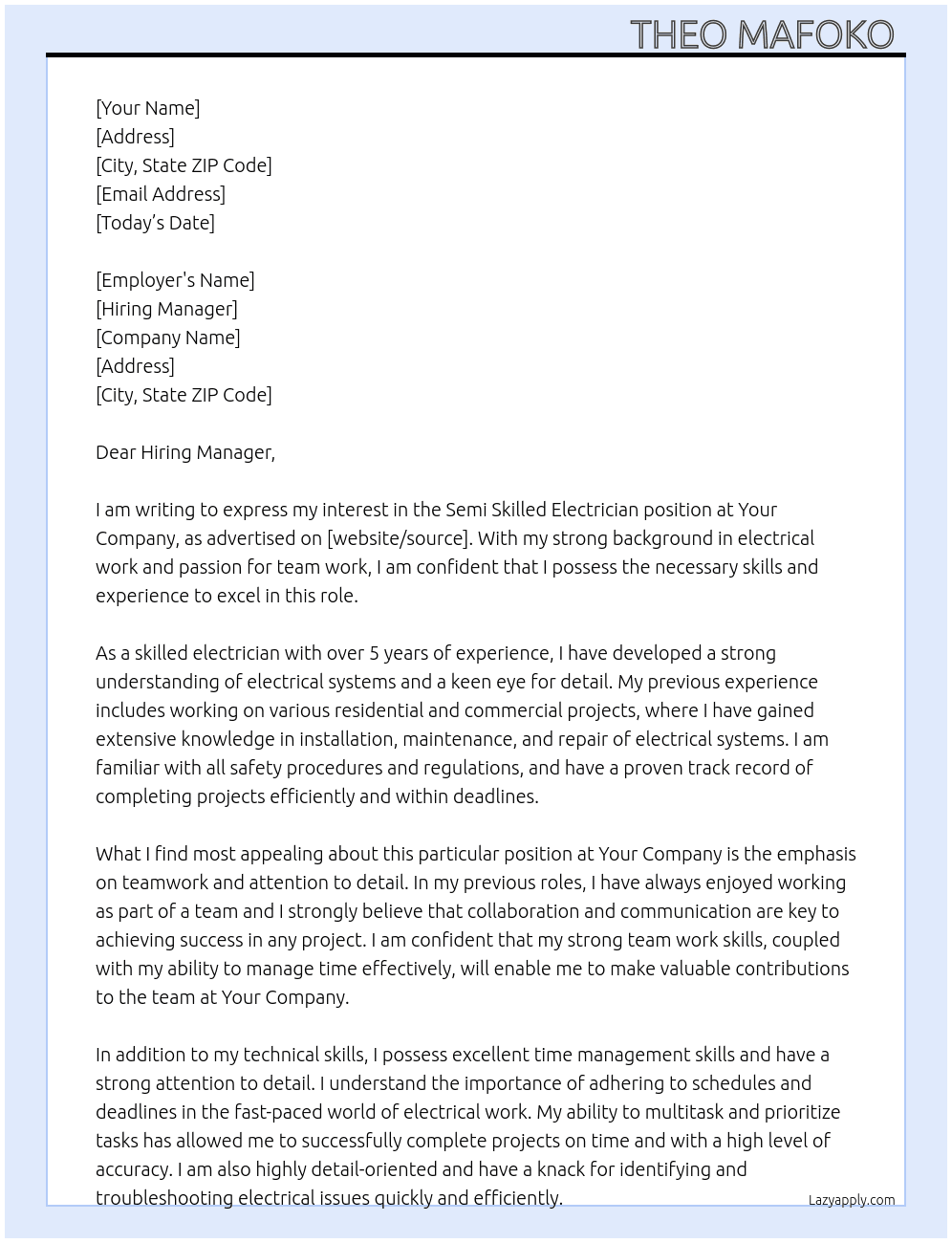 Cover letter for semi skilled electrician - LazyApply