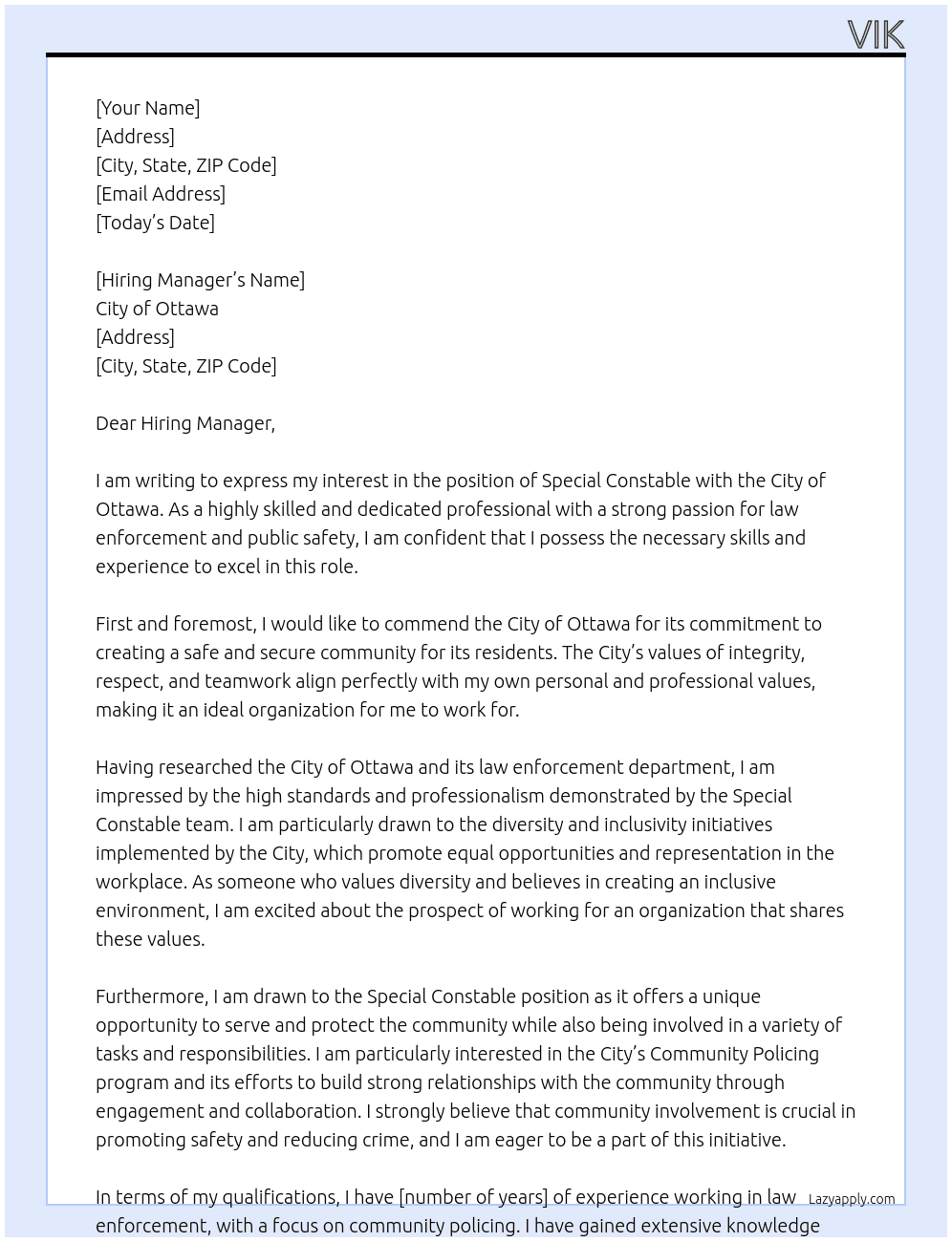 Special Constable At City of Ottawa Cover Letter
