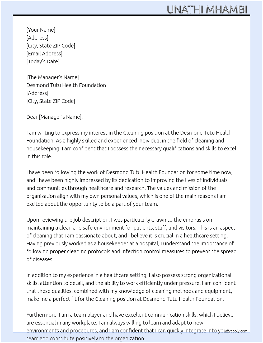 Cleaning  At Desmond Tutu Health Foundation  Cover Letter