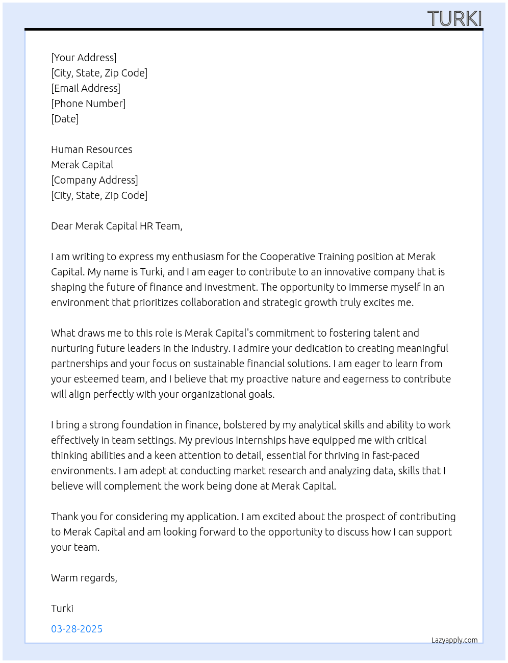 Cover letter for cooperative training - LazyApply