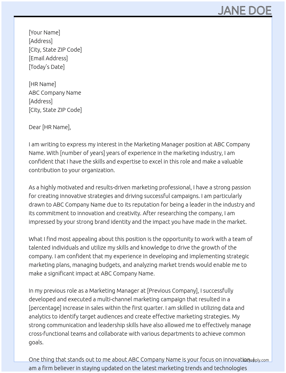 Marketing Manager At ABC Company Name Cover Letter