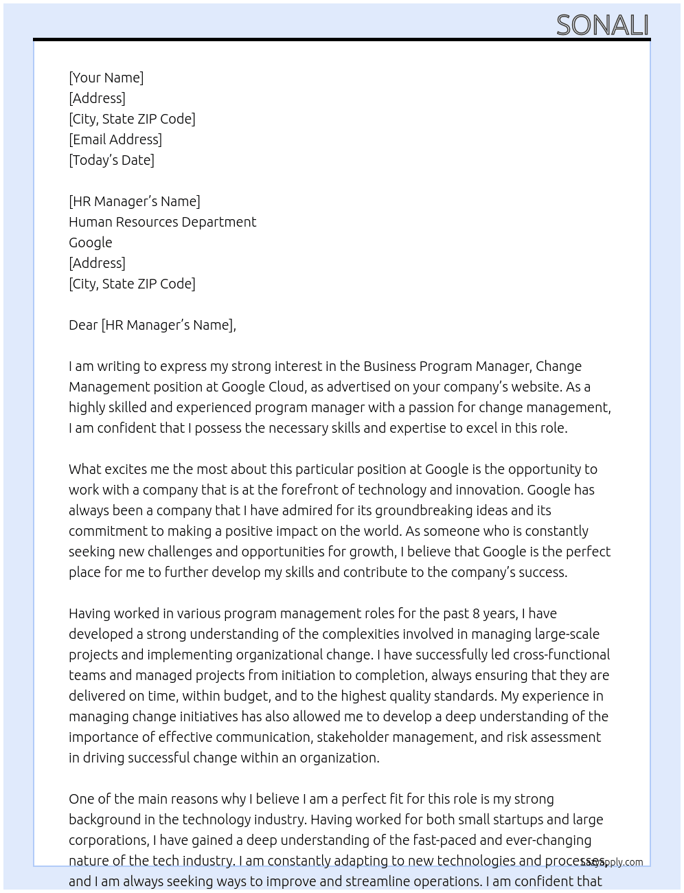 Cover letter for business program manager, change management, google cloud - LazyApply