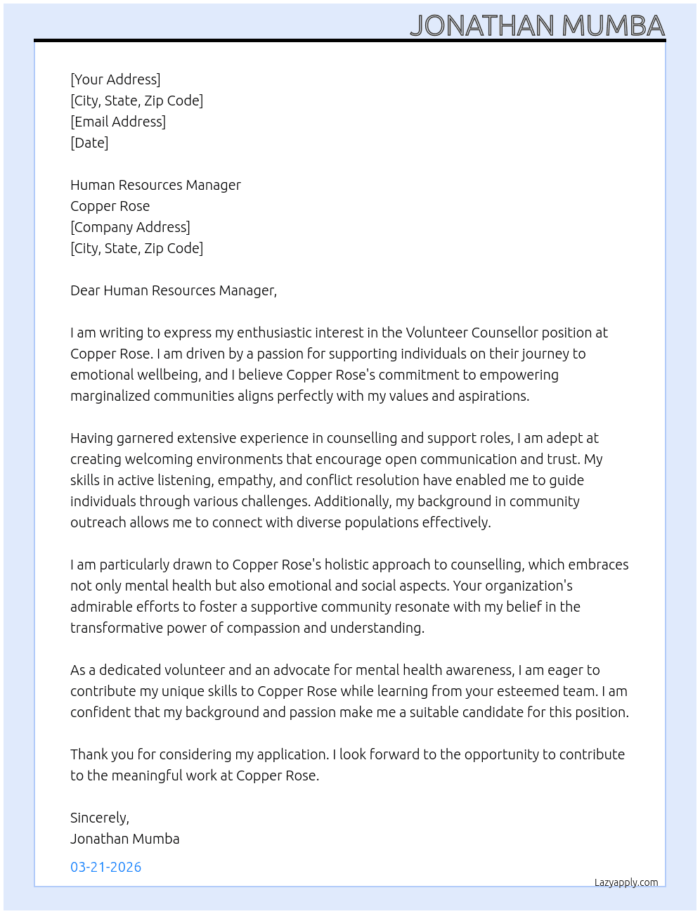 Cover letter for volunteer counsellor - LazyApply