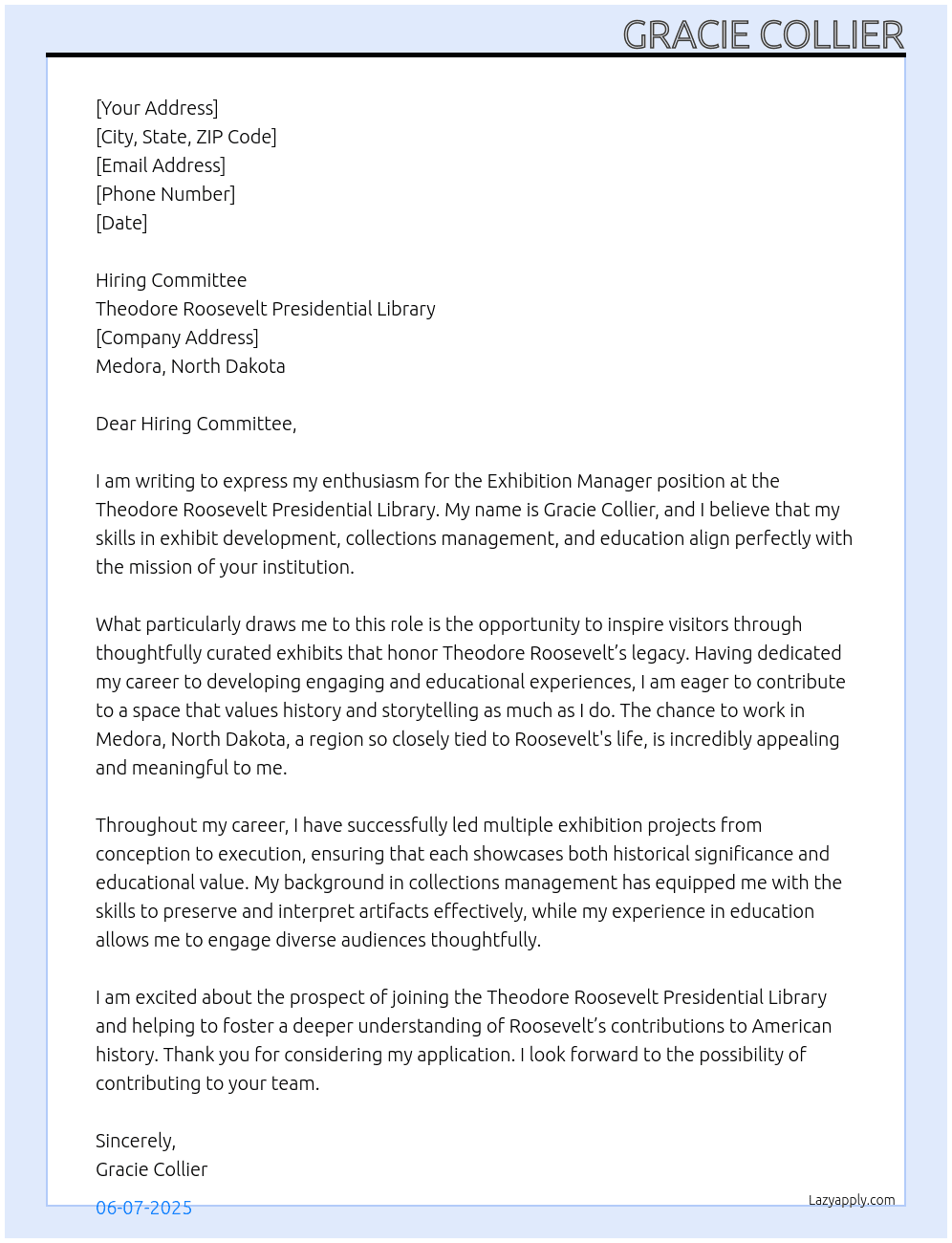 Cover letter for exhibition manager - LazyApply