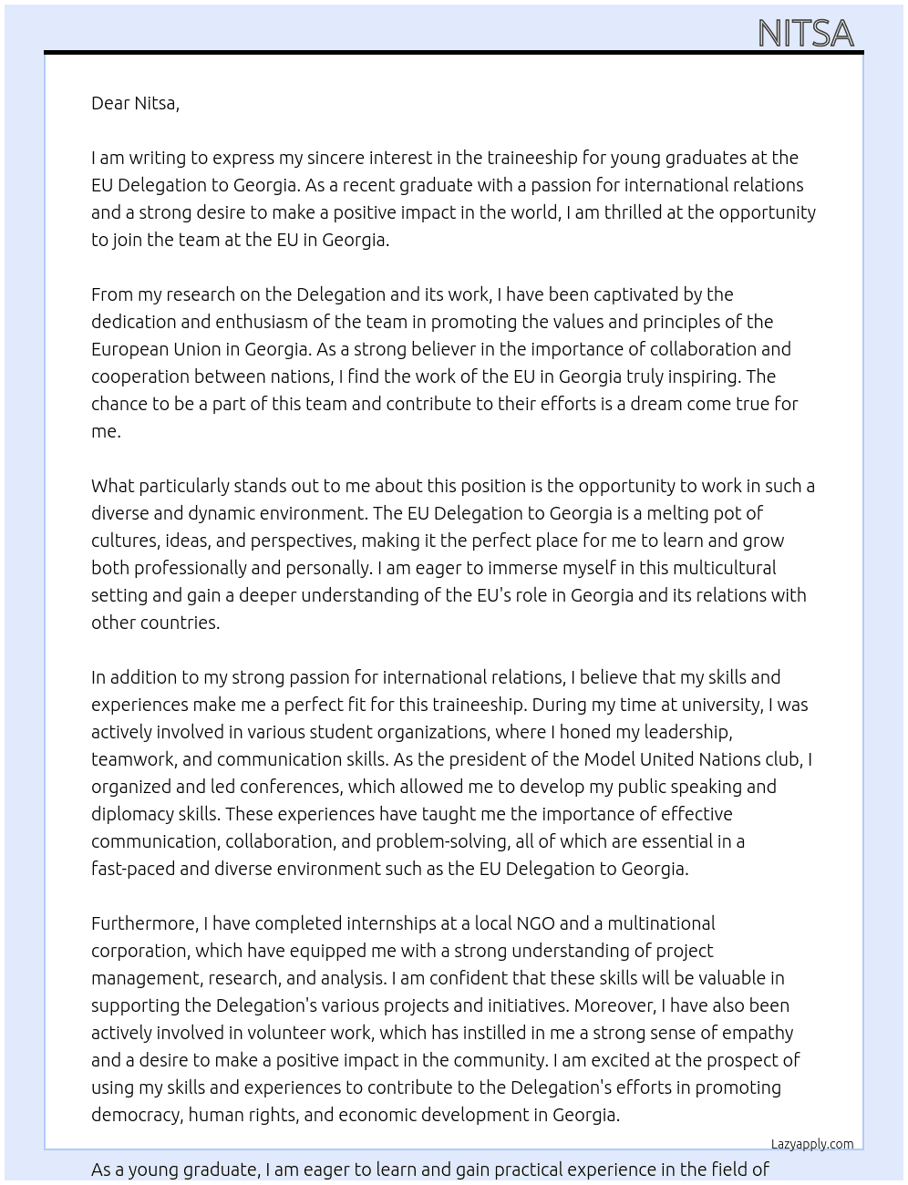 traineeship for young graduates at the EU Delegation to Georgia At EU in Georgia Cover Letter
