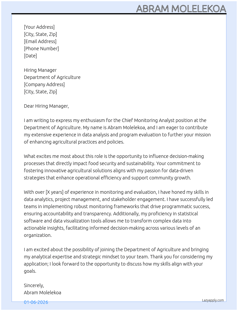 Chief monitoring analyst At Department of agriculture  Cover Letter
