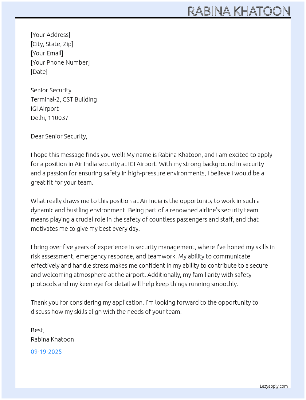 Cover letter for air india security - LazyApply
