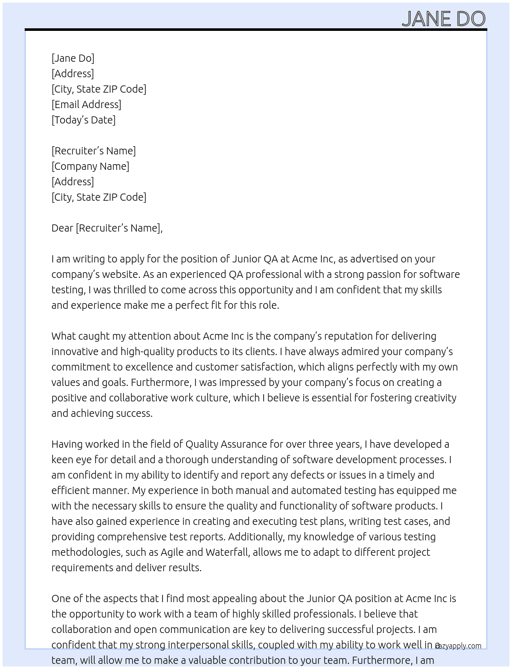 Junior QA At Acme Inc Cover Letter