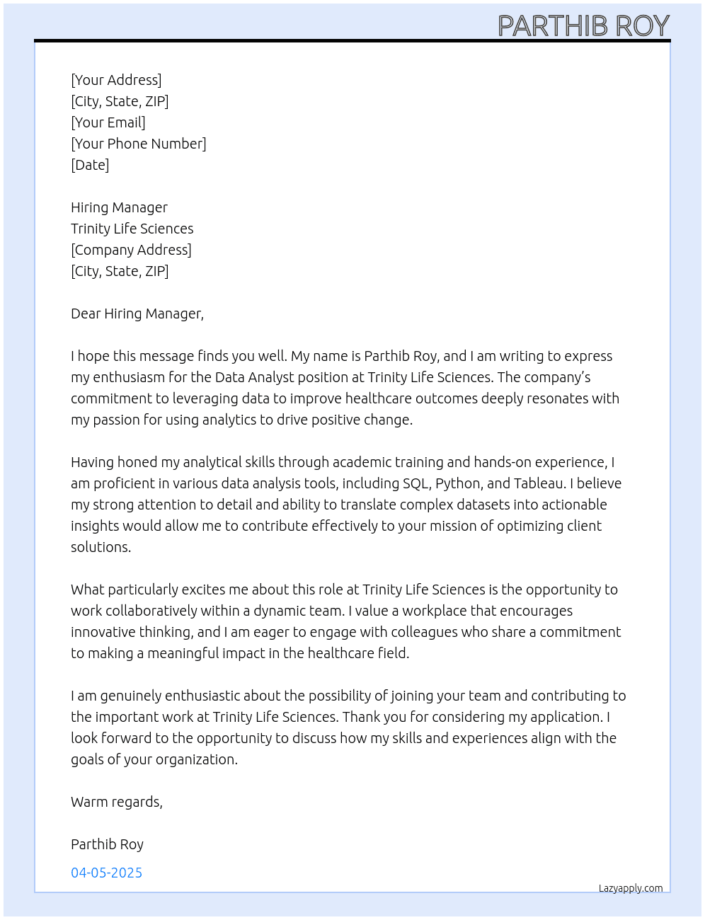 Data Analyst At Trinity Life Sciences Cover Letter