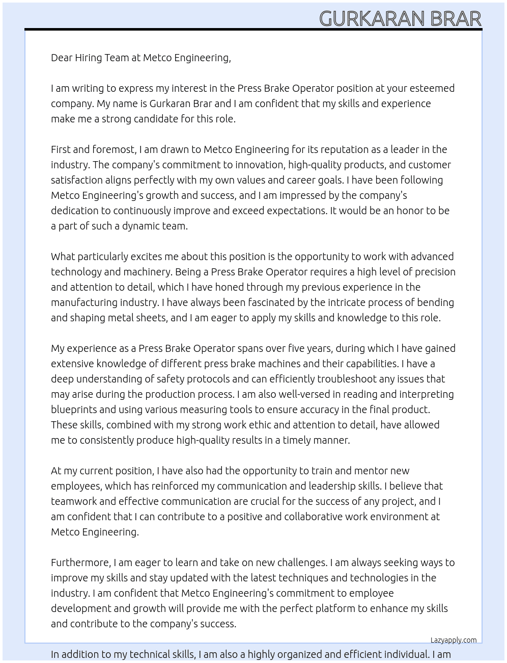 Press Brake Operator At Metco Engineering Cover Letter