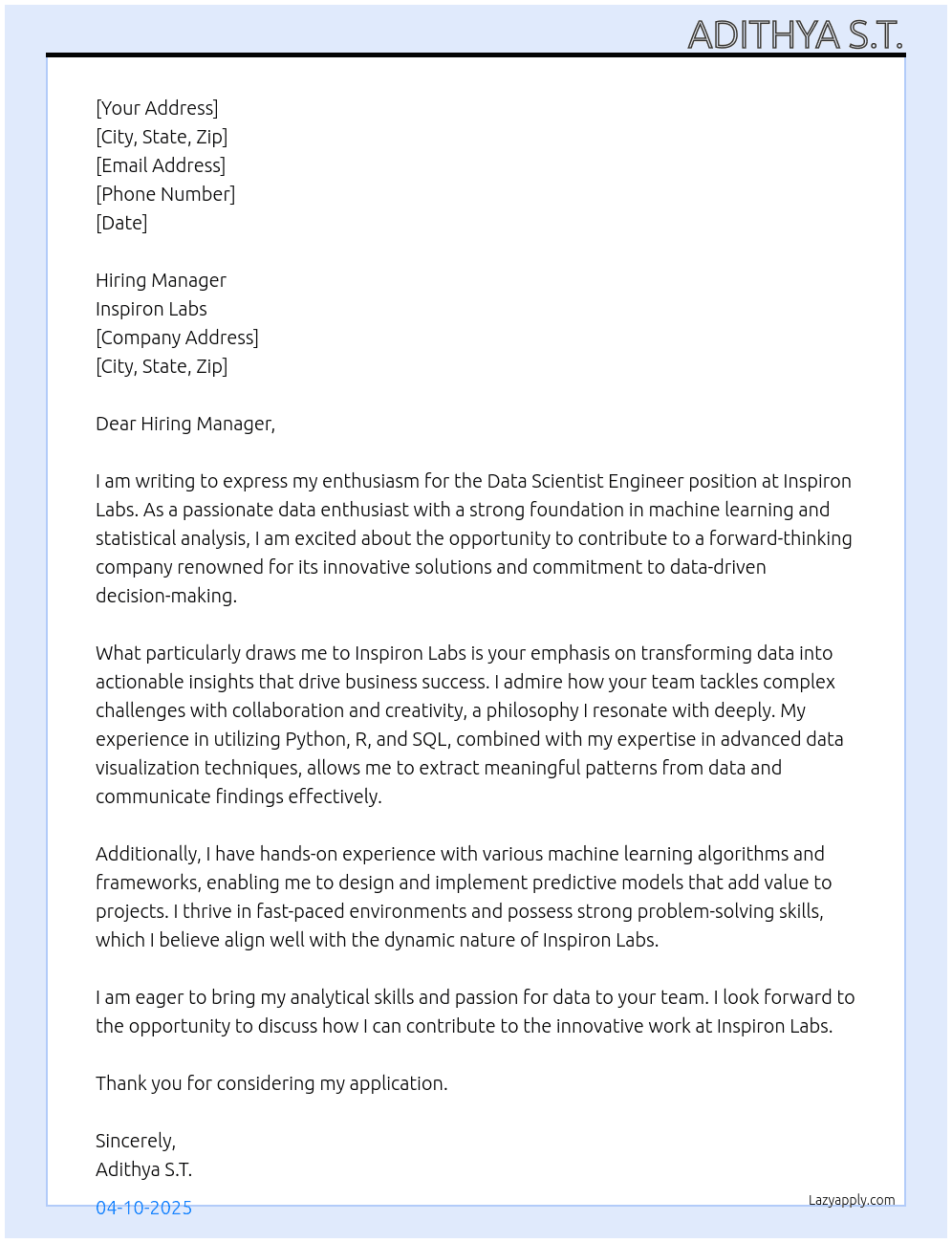 Data Scientist Engineer At Inspiron Labs  Cover Letter