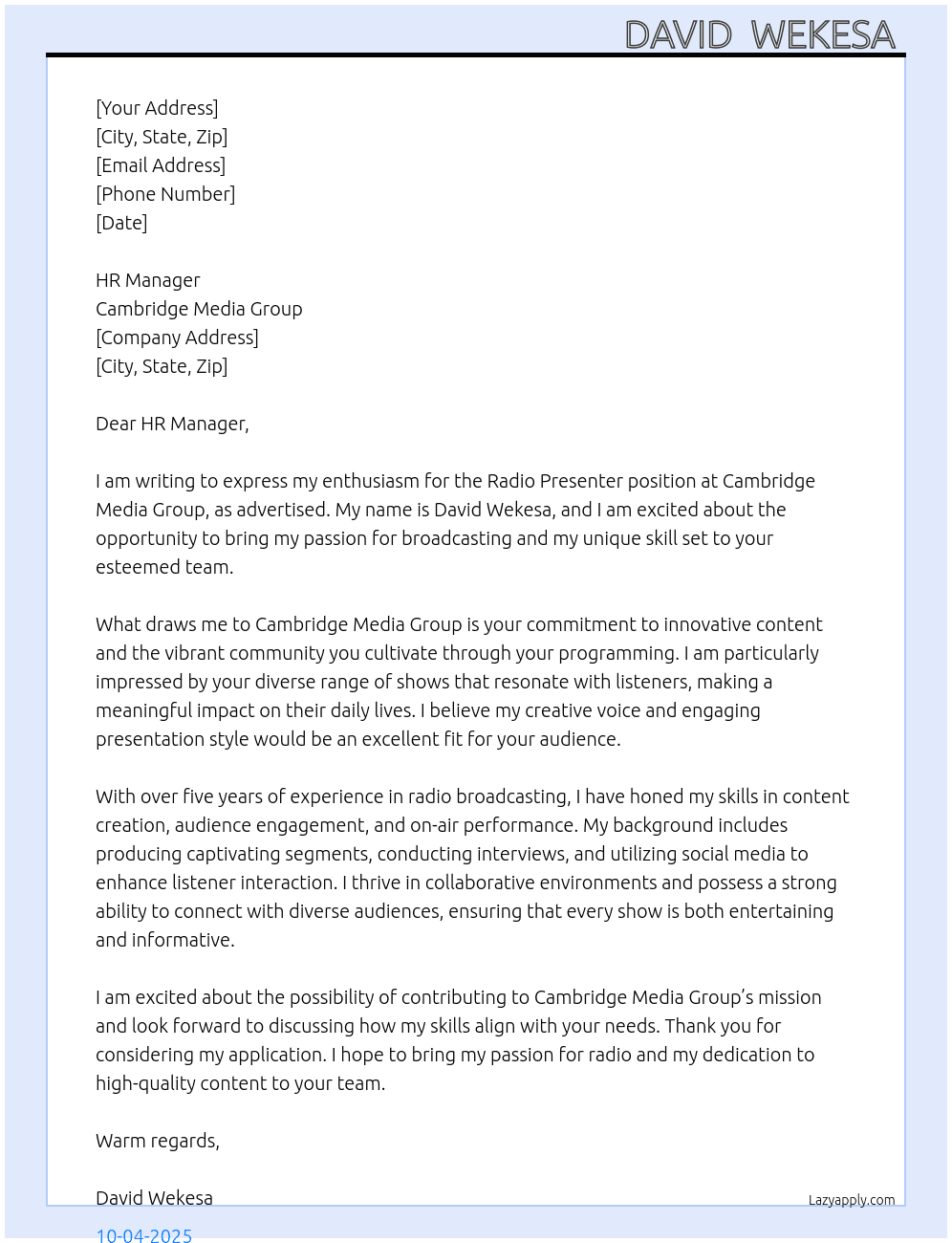 Cover letter for radio presenter - LazyApply