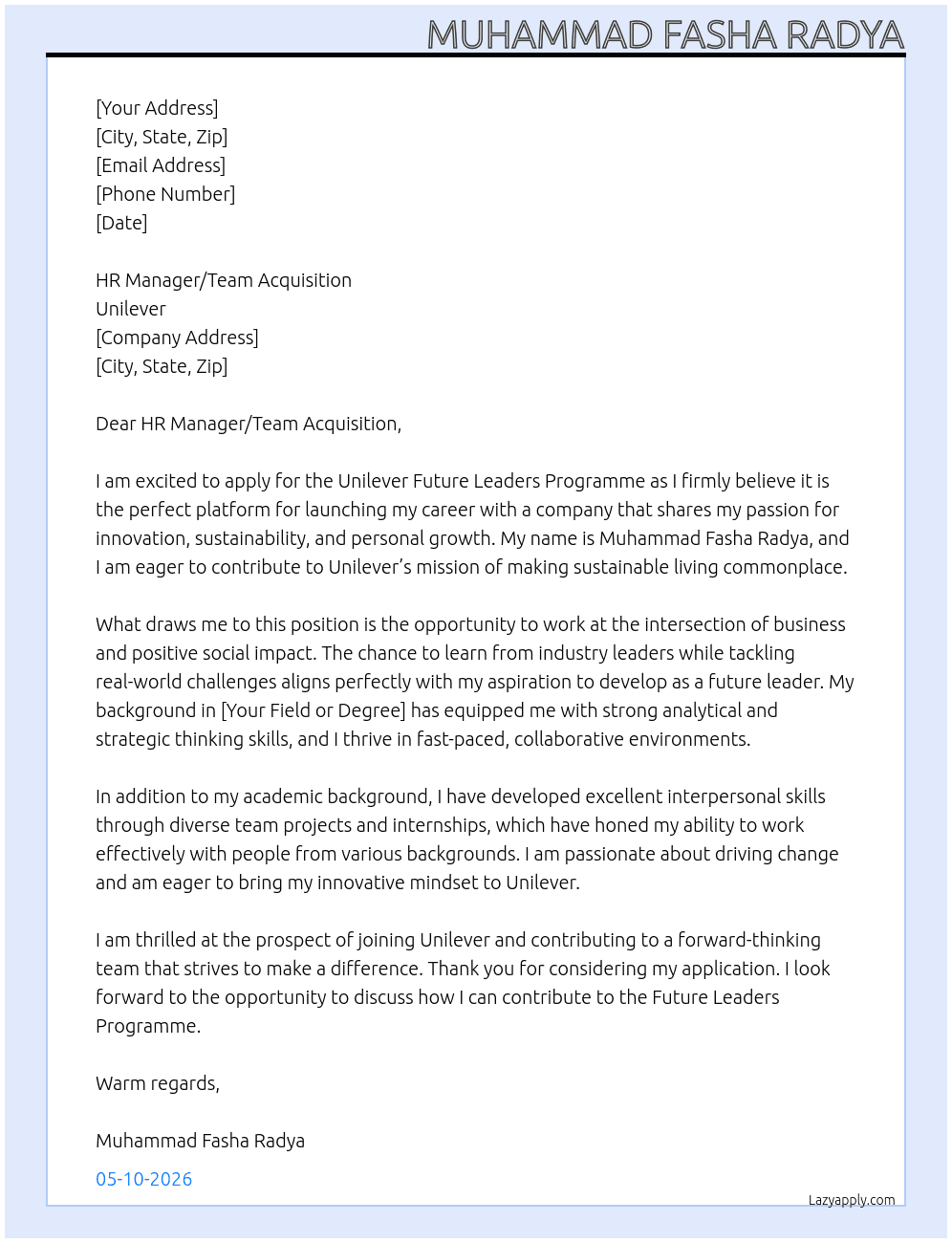 Unilever Future Leaders Programme) At Unilever Cover Letter