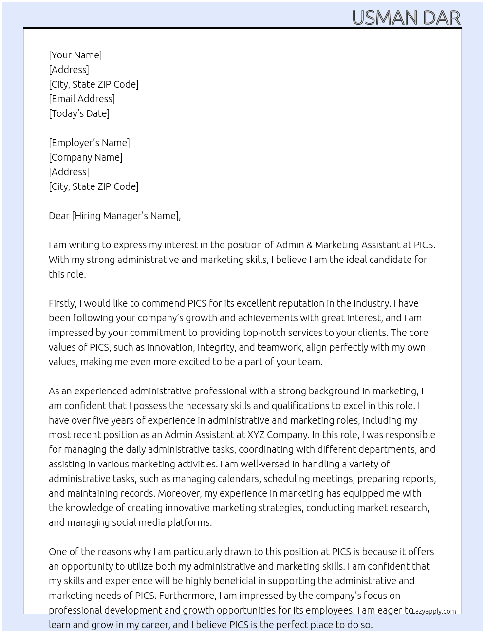 Admin & marketing Assistant At PICS Cover Letter