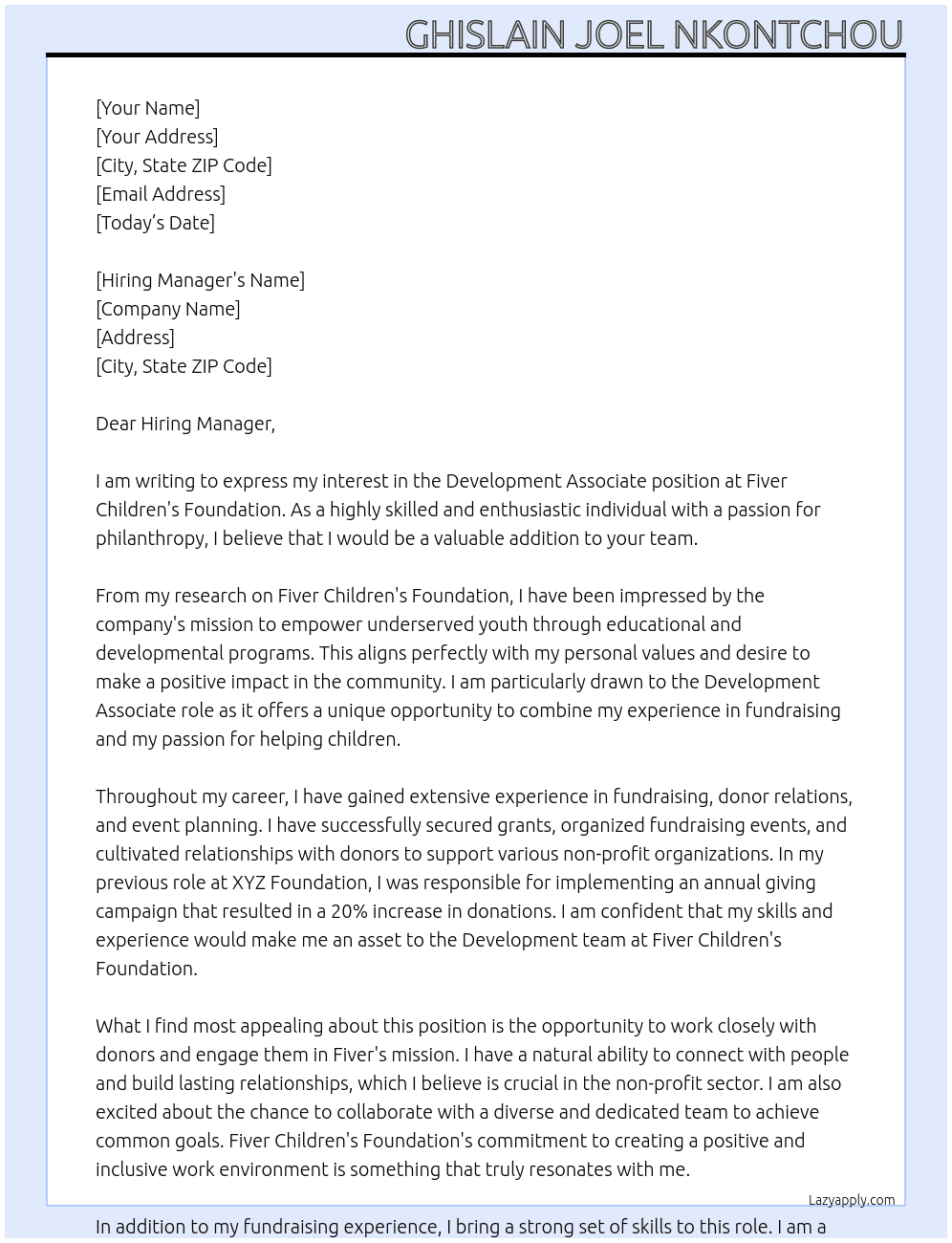Development Associate At Fiver Children's Foundation Cover Letter